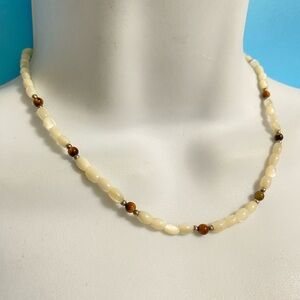 Vintage Mother-Of-Pearl Rice Beads Tiger Eye Accent Beads Necklace